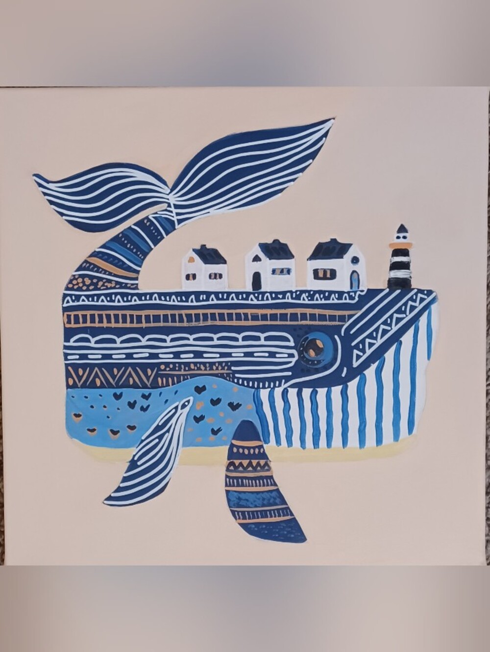 Nautical Blue Whale Original Acrylic Painting with Coastal Village